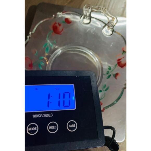 Hand Painted Red Rose Clear Glass Bowl Basket w/ Handles Flower Design - Picture 10 of 10